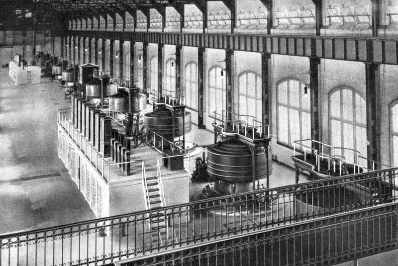 Ten 5,000 HP Westinghouse generators at the Adams Power Plant, Niagara Falls — the first large-scale AC power station in the world
