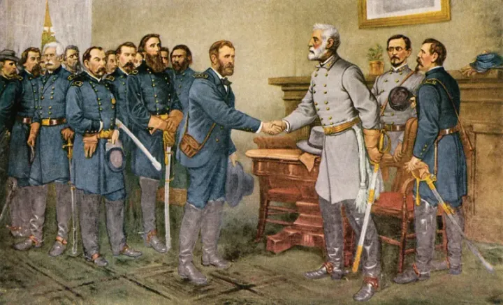 Thomas Nast's painting of Lee's surrender to Grant at Appomattox Court House, April 9, 1865