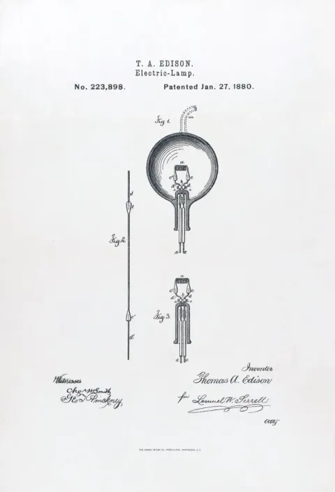 Edison's incandescent light bulb patent illustration