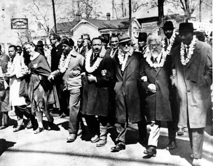 Heschel marching in Selma with Martin Luther King Jr., Ralph Bunche, and Ralph Abernathy, March 1965