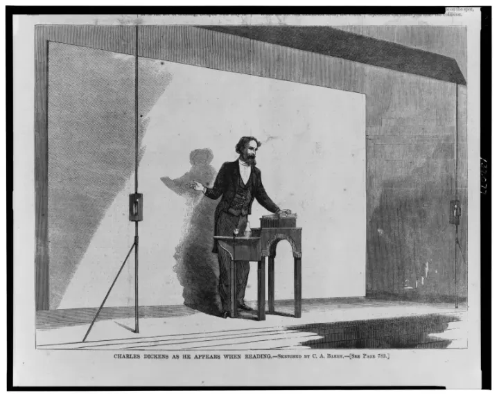 Charles Dickens reading to an audience — sketch by C.A. Barry, 1867