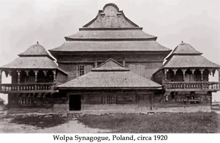 A traditional wooden synagogue of the type where early Hasidic communities gathered