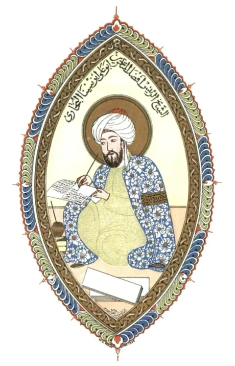 Avicenna (Ibn Sina) depicted with his students — miniature from a 17th-century Ottoman manuscript. Public domain.