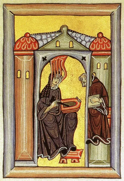 Hildegard receiving divine inspiration and dictating to her scribe Volmar — Rupertsberg Codex, 12th century