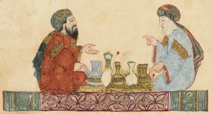 Scholars in a medieval Abbasid setting — illustration from the Maqamat al-Hariri, Baghdad, 1237 CE