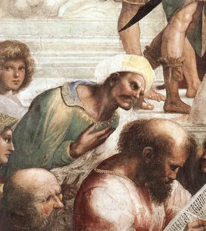 Ibn Rushd (Averroes) — detail from Raphael's School of Athens (1509–1511), Vatican. The most reproduced portrait of the philosopher.