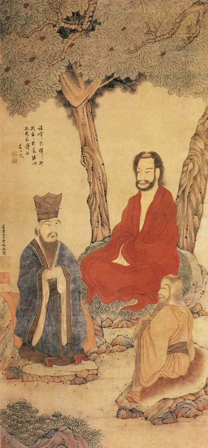 Ding Yunpeng — Confucius, Laozi, and a Buddhist Arhat, Ming dynasty painting of the Three Teachings