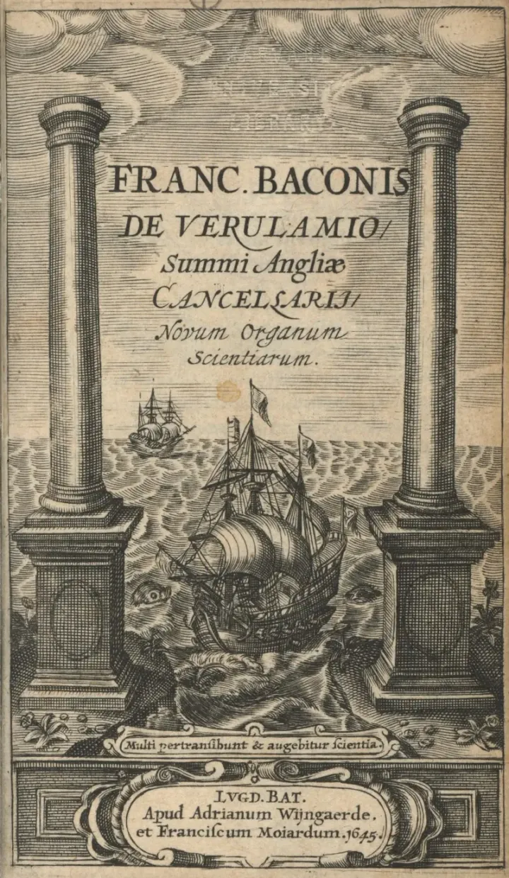 Frontispiece of Novum Organum by Francis Bacon, 1620, showing a ship sailing through the Pillars of Hercules