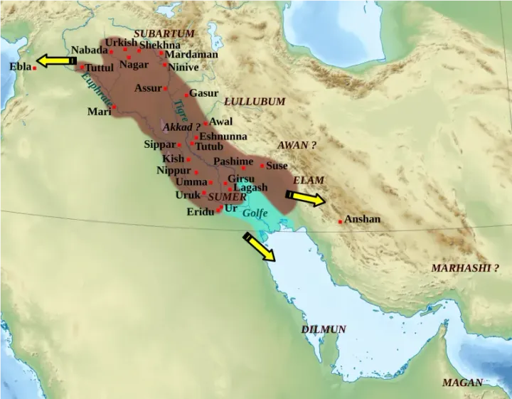 Map showing the territorial extent of the Akkadian Empire across Mesopotamia