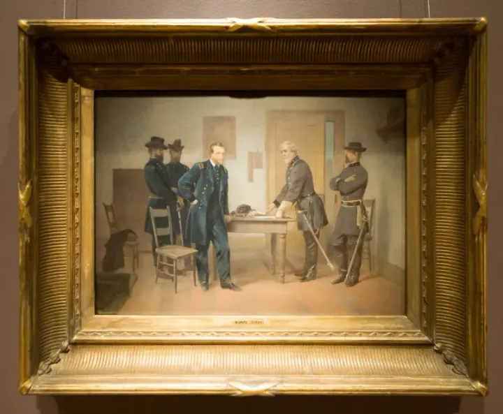 Lee surrendering to Grant at Appomattox Court House — painting by Alonzo Chappel, 1870
