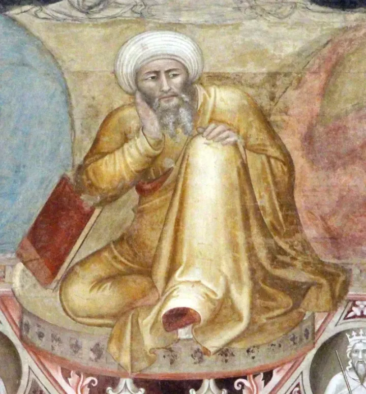 Andrea di Bonaiuto's 'Triumph of Saint Thomas Aquinas' (c. 1368), showing Averroes prostrate beneath Aquinas — a Catholic statement about the 'defeat' of Averroism by Christian theology