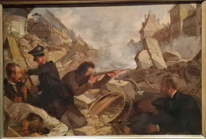 Barricade fighting in Dresden, May 1849 — painting by Julius Scholtz