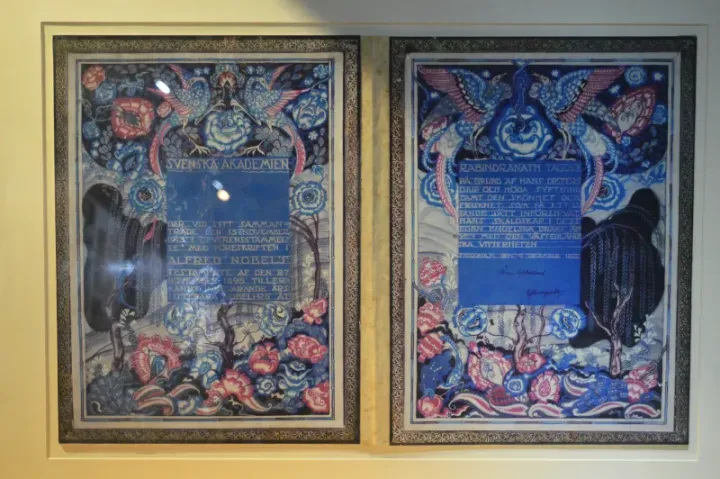 Nobel Prize citation awarded to Rabindranath Tagore, displayed at the Rabindra Bhavana Museum