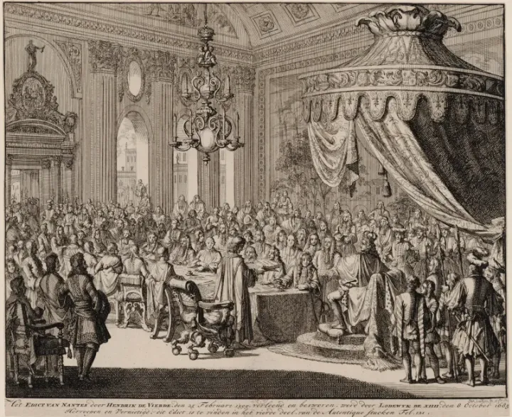 Révocation de l'édit de Nantes par Louis XIV — 17th century engraving