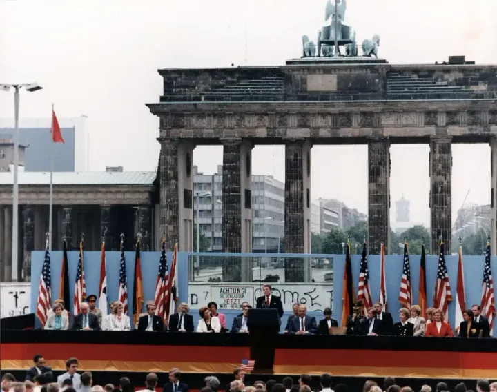 President Reagan delivering his 'Tear down this wall' speech at the Brandenburg Gate, June 12, 1987