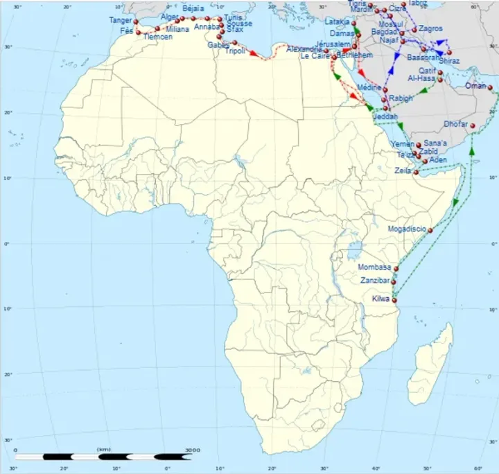 Map of Ibn Battuta's journeys 1325–1332, showing routes across North Africa, the Middle East, and Central Asia