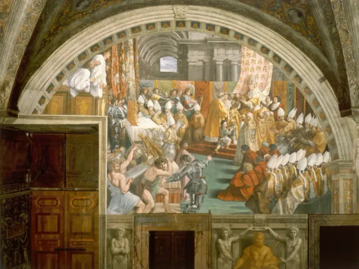 Pope Leo III crowning Charlemagne Emperor of the Romans — Raphael, 1516–17