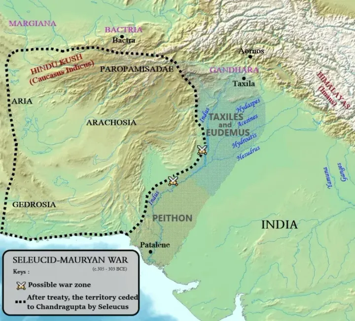 Map of the Seleucid–Mauryan War, showing the territories exchanged between the two empires