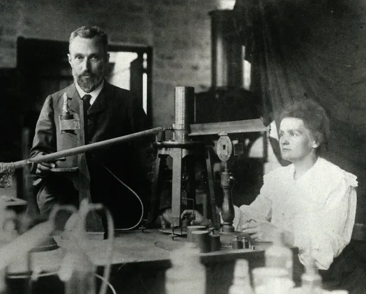 Marie and Pierre Curie in their laboratory at the École de Physique, Paris, c. 1898
