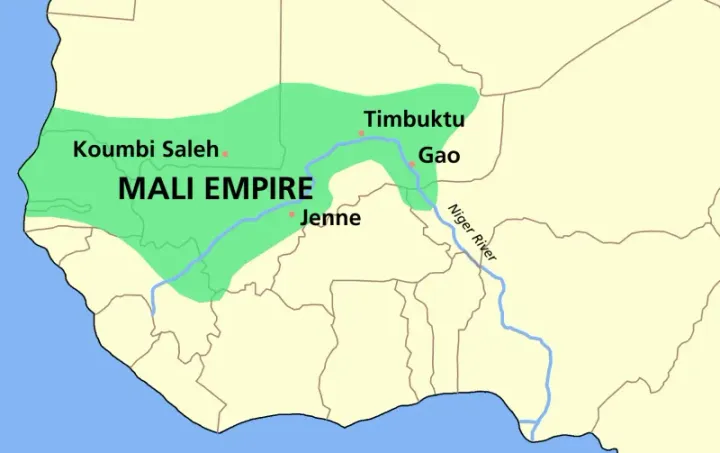 Map of the Mali Empire at its greatest extent under Mansa Musa, showing the goldfields of Bambuk and Bure, the city of Timbuktu, and the trans-Saharan trade routes