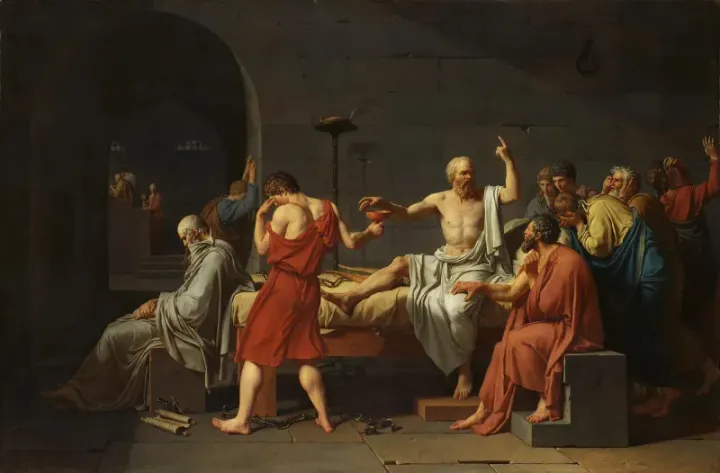 The Death of Socrates by Jacques-Louis David, 1787 — Socrates reaches for the hemlock cup