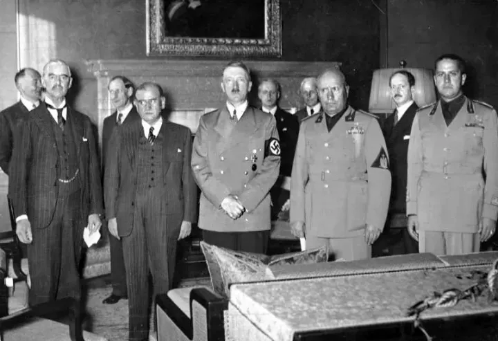 Chamberlain, Daladier, Hitler, Mussolini, and Ciano at the Munich Agreement, 1938