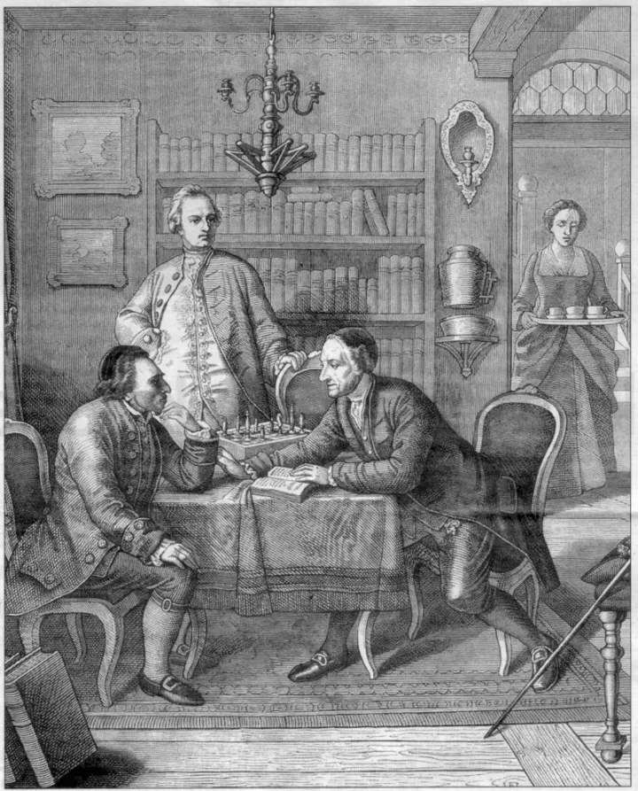 Mendelssohn and Lessing playing chess — engraving