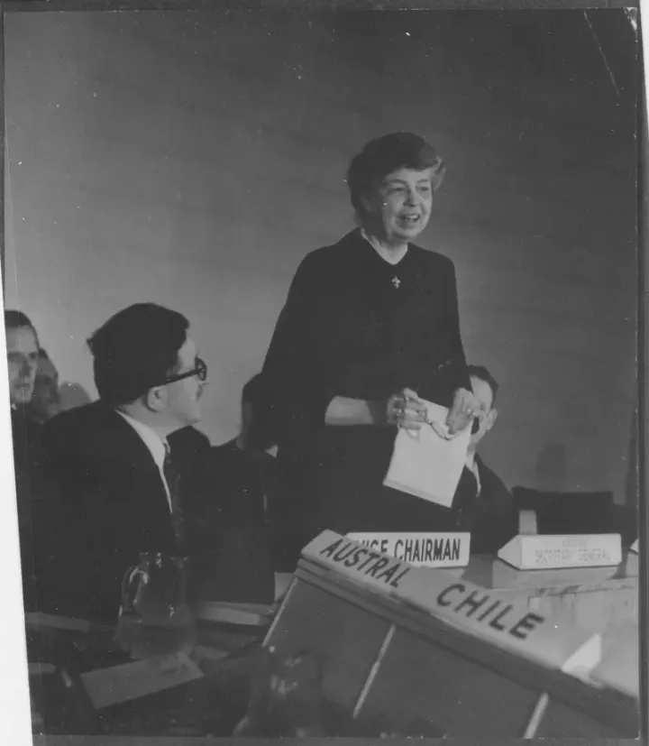 Eleanor Roosevelt at the United Nations Human Rights Commission meeting in Lake Success, New York