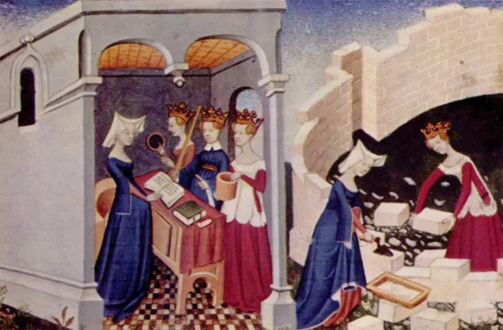 Manuscript illumination from the Cité des Dames showing Christine building the city with allegorical figures