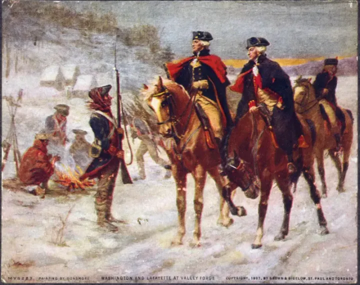 Washington and his troops enduring the winter at Valley Forge