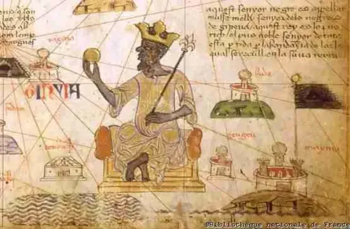 Mansa Musa of Mali holding a gold nugget, from a medieval geographical chart — depicting the king who flooded Cairo with gold in 1324