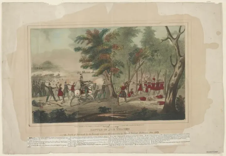 The Battle of the Thames, 1813 — lithograph depicting the death of Tecumseh