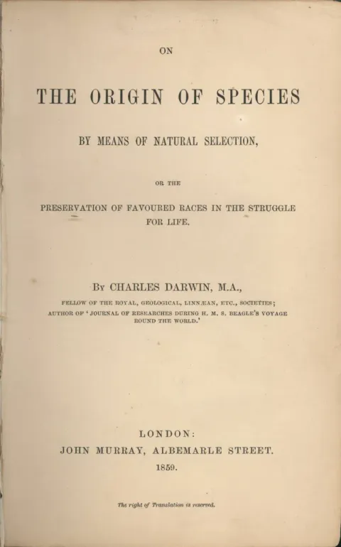 Title page of the first edition of On the Origin of Species, 1859