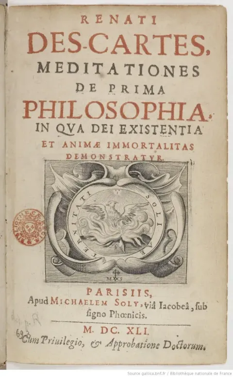 Title page of Meditationes de prima philosophia, first edition, 1641