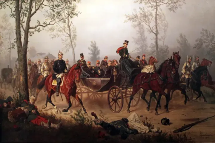 Bismarck escorts the captured Napoleon III after the Battle of Sedan — Wilhelm Camphausen, 1877