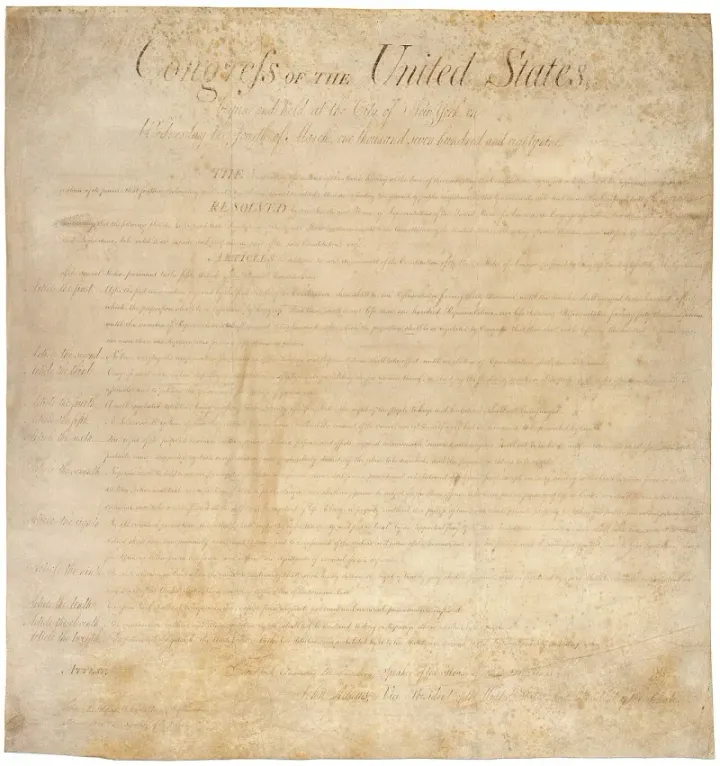 The original parchment document of the United States Bill of Rights, ratified 1791