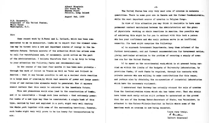 Einstein's letter to President Roosevelt, August 2, 1939