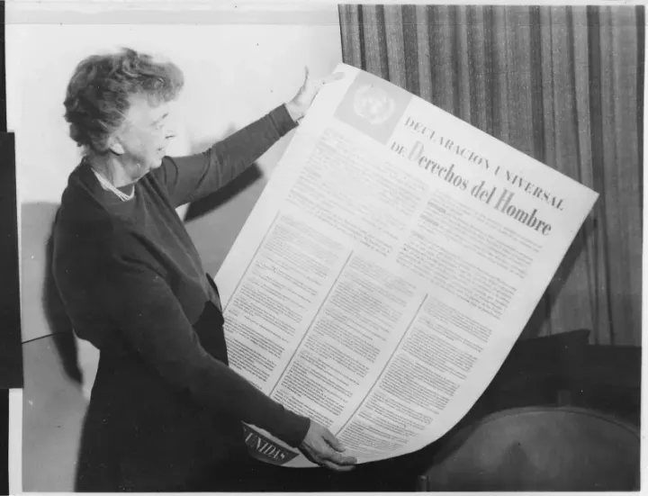 Eleanor Roosevelt holding the Universal Declaration of Human Rights poster, 1949