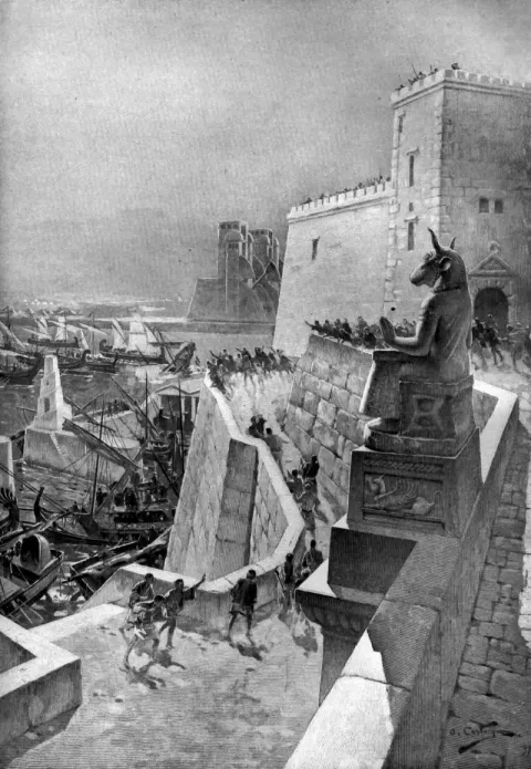 A naval action during the Siege of Tyre — André Castaigne, 1898–99