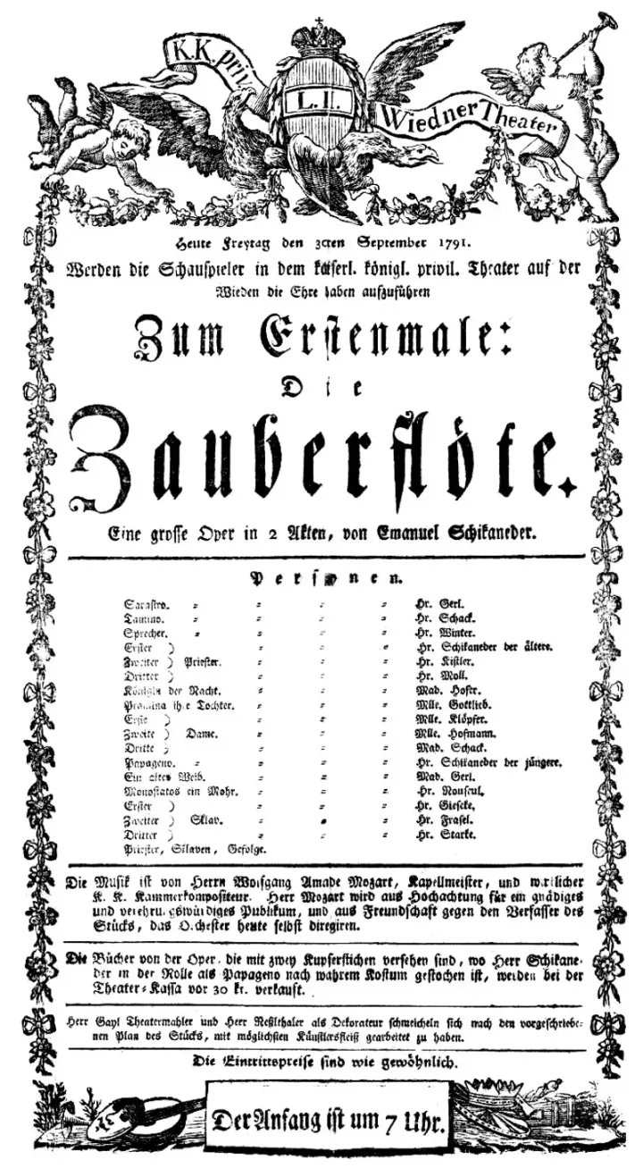 Original playbill for Die Zauberflöte at the Theater auf der Wieden, 1791