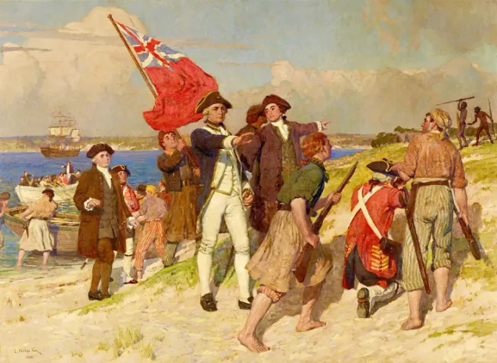 Landing of Lieutenant James Cook at Botany Bay, 29 April 1770 — painting by E. Phillips Fox, 1902