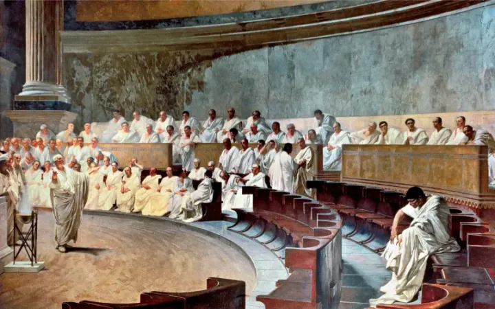 Cicero denounces Catiline in the Roman Senate — Cesare Maccari, c. 1880