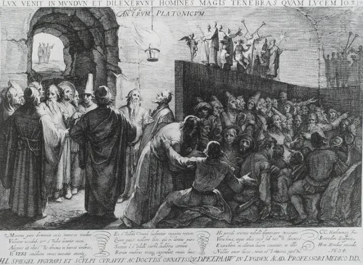 Plato's Allegory of the Cave, engraving by Jan Saenredam after Cornelis van Haarlem, 1604