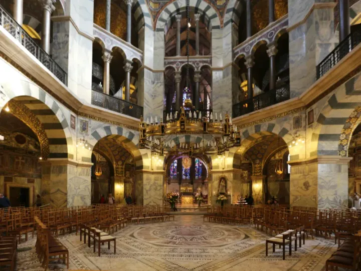 Interior of the Palatine Chapel at Aachen, built by Charlemagne c. 796–805 AD