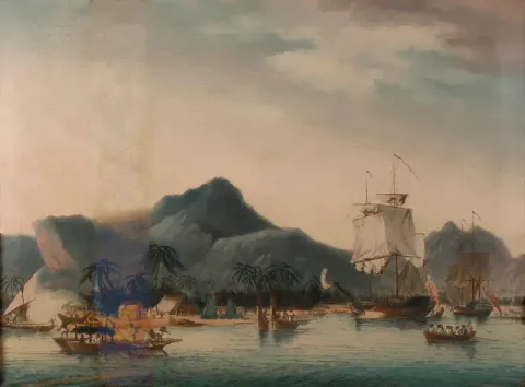 HMS Resolution and HMS Discovery off Hawaii — John Cleveley the Younger, c. 1780